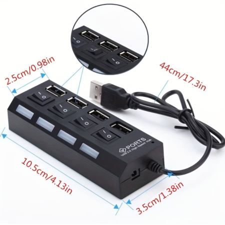 موزع USB بـ 4 منافذ مع مفتاح تشغيل/إيقاف ومفتاح طاقة
